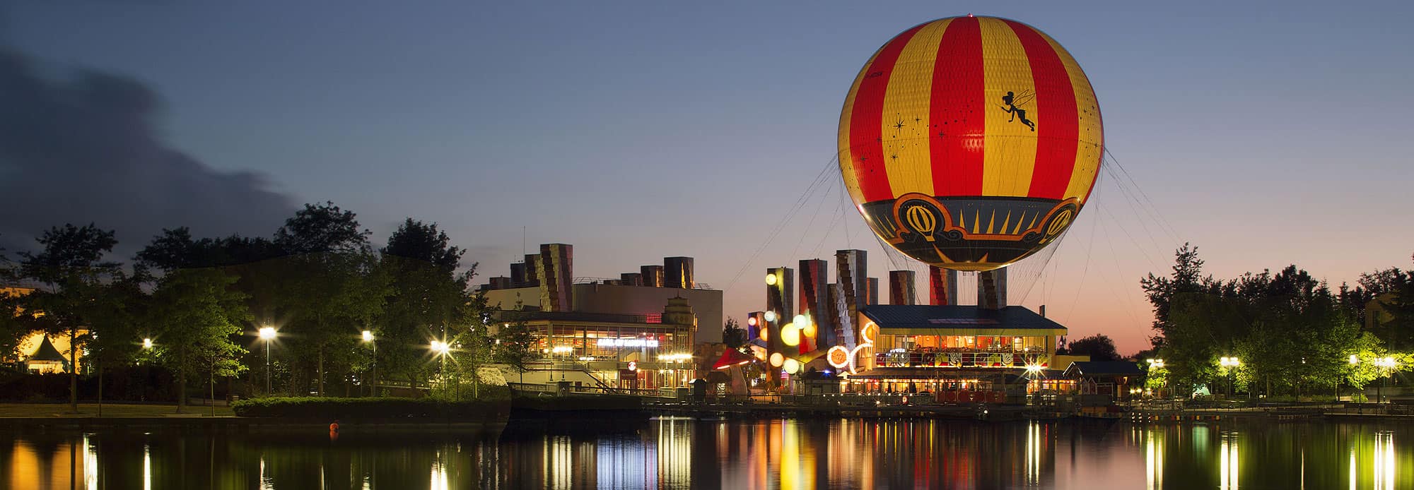 View of the Disney Village, at Disneyland Paris at night