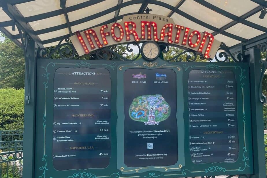 Information Board showing wait times for rides at Disneyland Paris