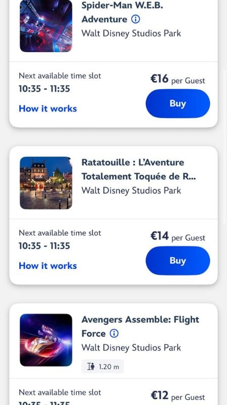 Taken from the Disneyland Paris App showing costs to purchase the Premier Access Pass for rides.