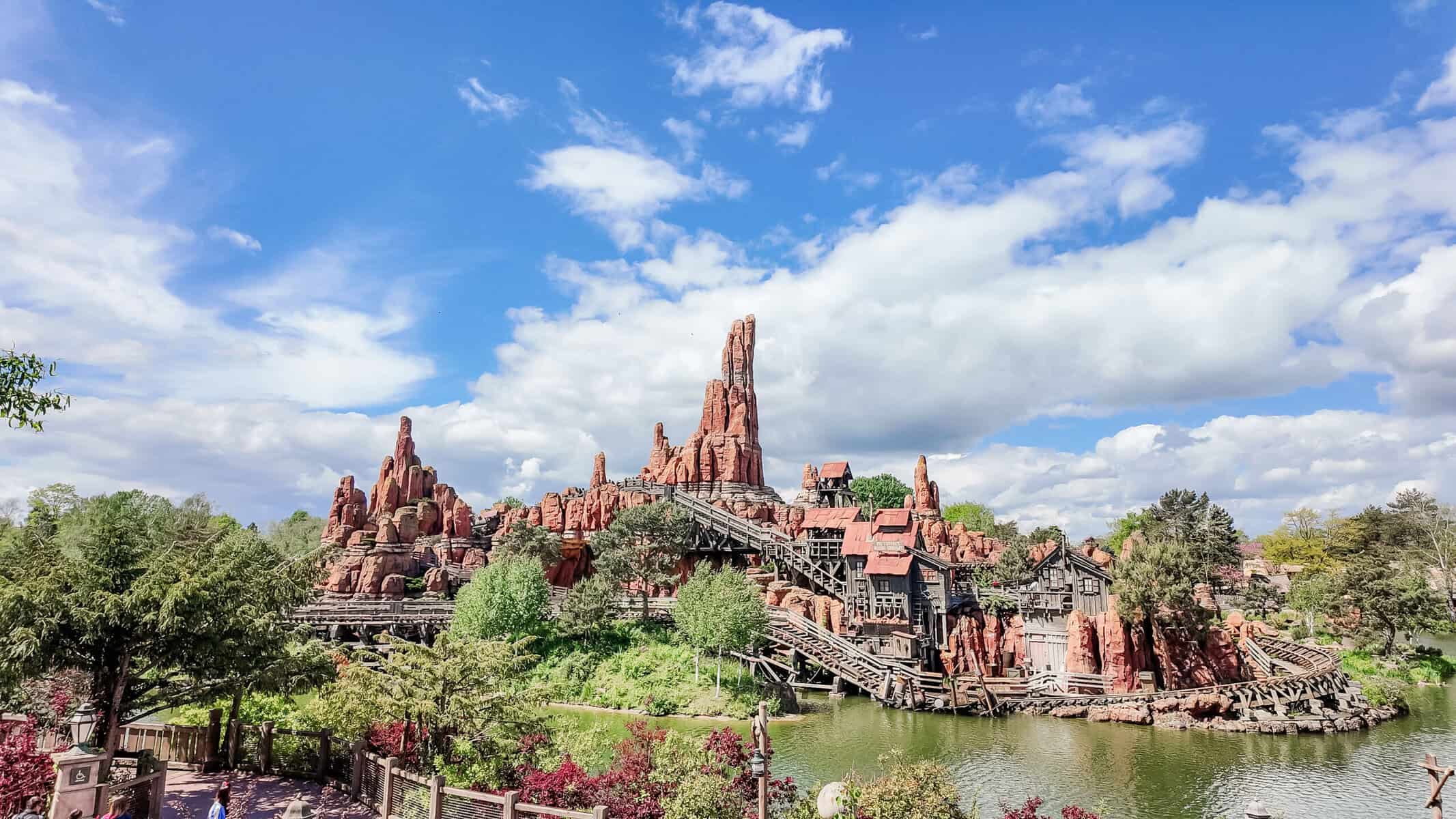 Looking over at the Island and the track for the ride Big Thunder Mountain at The Disneyland Park, Disneyland Paris