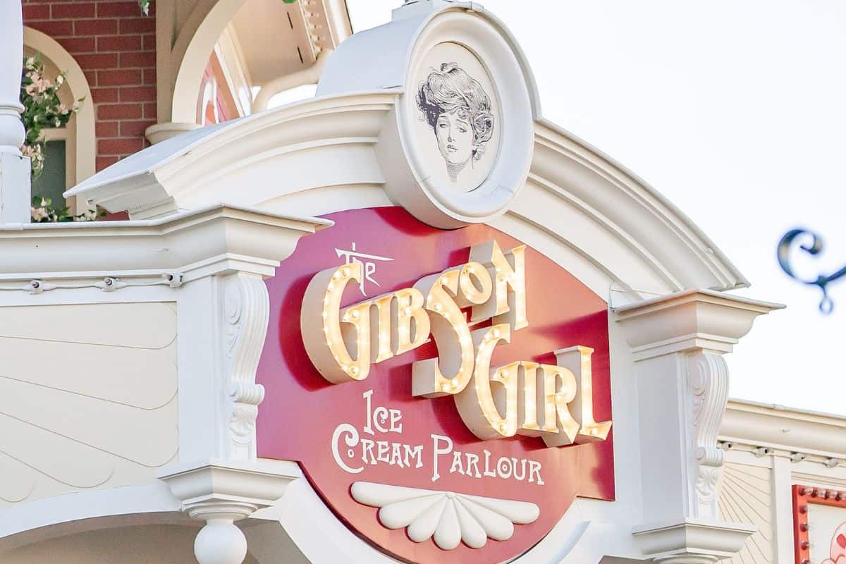 Signage of the Gibson Girl Ice Cream Parlour on Main St. USA Disneyland Paris
