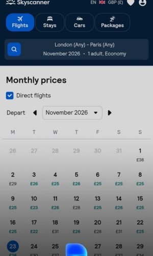 Skyscanner website showing flights for the whole month - best way to book Disneyland Paris for flights
