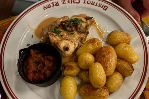 Roast chicken, potatoes and Ratatouille. main course at Disneyland Paris